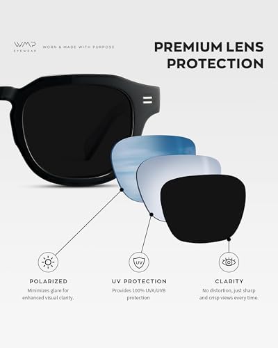 WMP Eyewear – Men's Square Polarized Sunglasses: Thick acetate frame, bold geometry, 5-cylinder hinges, 60s retro design.
