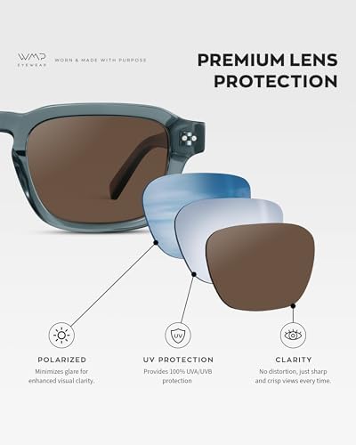 WearMe Pro - Men's Polarized Sunglasses: Narrow geometric frame, rectangular lenses, round studs, injection-molded metal core