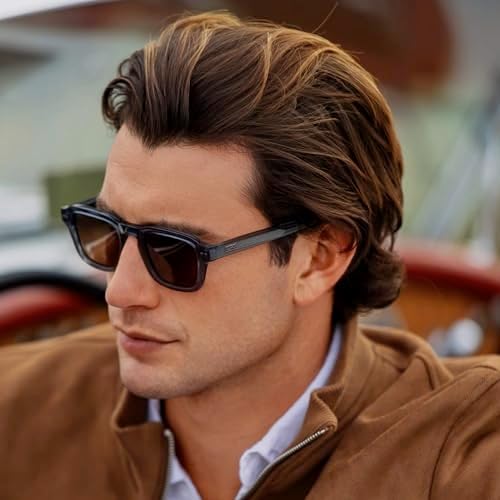WearMe Pro - Men's Polarized Sunglasses: Narrow geometric frame, rectangular lenses, round studs, injection-molded metal core