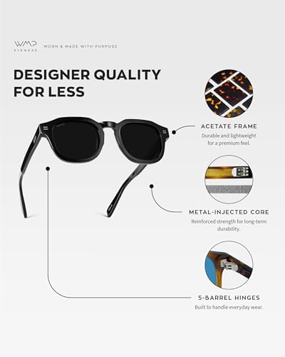 WMP Eyewear – Men's Square Polarized Sunglasses: Thick acetate frame, bold geometry, 5-cylinder hinges, 60s retro design.