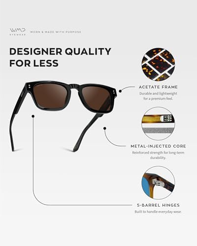 WMP Eyewear – Men's Polarized Rectangular Sunglasses: Thick Acetate Frame, Modern Style